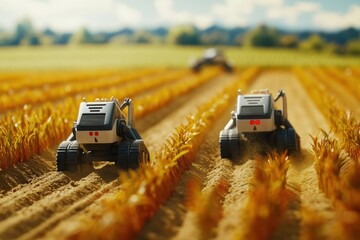 Aufkleber - Autonomous farming robots are actively working to plant crops in a lush green field under a clear blue sky. Generative AI