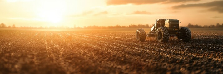 Aufkleber - Robotic machines are planting crops on a farm during sunset, illustrating advancements in agricultural technology and automation. Generative AI