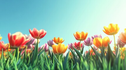 Aufkleber - A lush green meadow is filled with an array of colorful flowers, creating a joyful display under the sunny sky in spring. Generative AI