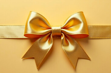 A shiny golden bow is elegantly placed on a ribbon, set against a cheerful yellow backdrop, ideal for gift wrapping