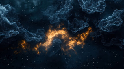 Wall Mural - abstract cosmic scene with glowing orange nebula and dark blue swirling clouds resembling interstell