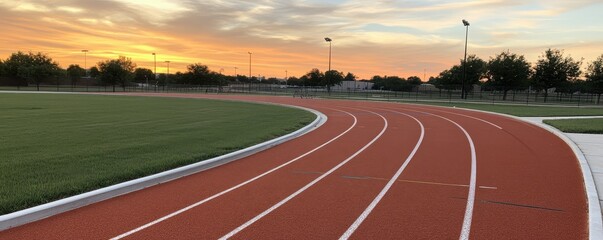 A scenic view of a running track curving through a green field under a vibrant sunset sky.