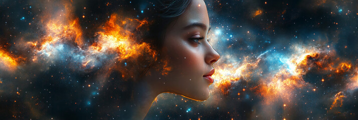 dreamy double exposure of a woman’s face blending seamlessly with a swirling space nebula. swirling 