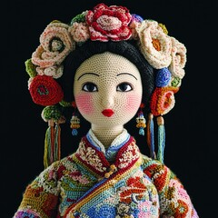 Nice cute Chinese crocheted doll girl nation dress ethnic art decor toy handmade craft