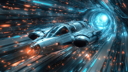 Wall Mural - a futuristic spaceship traveling through a glowing wormhole filled with bright lights and vibrant co