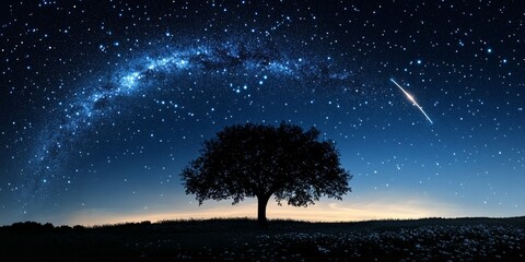 Wall Mural - Silhouette of a countryside landscape featuring the breathtaking Milky Way, a stunning meteor shower, and a crescent Moon creates a captivating night sky scene highlighting celestial beauty.