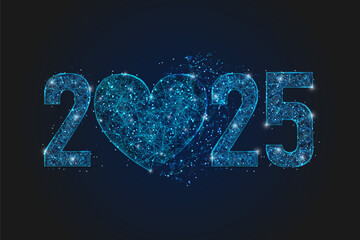 Wall Mural - Abstract isolated blue image of new year number 2025. Polygonal low poly wireframe illustration looks like stars in the black night sky in space or flying glass shards. Digital web, internet design.