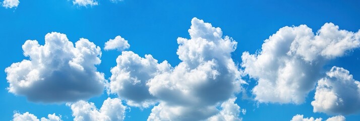 Poster - Fluffy white clouds float lazily across a vibrant blue sky, creating a peaceful and serene atmosphere on a sunny afternoon. Generative AI