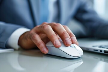 Computer And Mouse. Businessman In Closeup Using Computer Device
