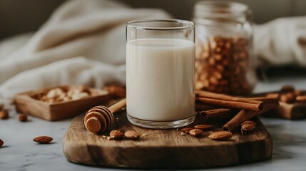 Poster - A clear glass of almond milk on a rustic wooden cutting board with a honey dipper and cinnamon sticks