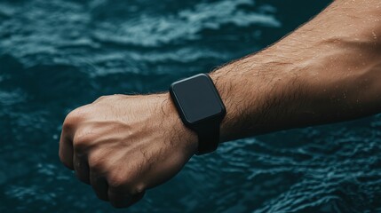 biometric sensor patch concept. a close-up of a hand wearing a sleek smartwatch, partially submerged