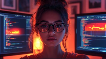 Wall Mural - a female coder focused on programming at a dual-monitor setup in a warm, ambient workspace