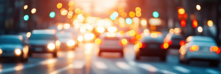 Poster - The bustling city street is alive with blurred car lights, capturing the vibrancy of urban life as night approaches. Generative AI