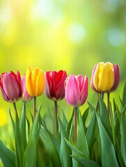 Poster - A vivid display of tulips in various colors flourishes in a green meadow, celebrating the arrival of spring with their bright petals. Generative AI