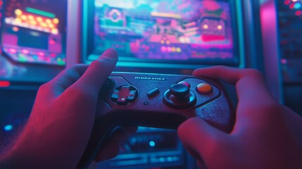 Close-up view of hands gripping a game controller. Neon-colored lights from a nearby screen reflect on the skin. The game screen displays a colorful, action-packed scene.