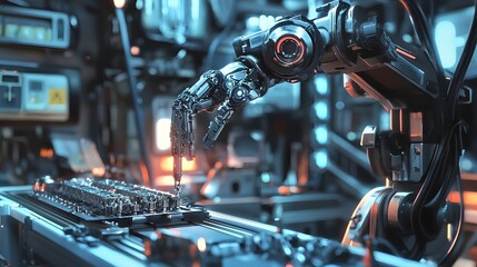Aufkleber - Robotic arm assembling components high-tech lab digital art futuristic environment close-up automation concept