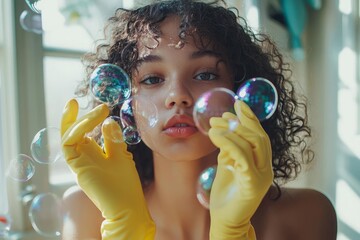 A biracial teenage girl wearing yellow gloves, blowing bubbles at home.