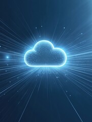 Aufkleber - A glowing cloud icon is surrounded by bright rays of light in a digital, nighttime environment symbolizing modern technology and online storage. Generative AI