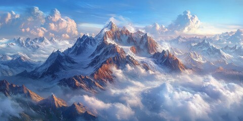 Wall Mural - Stunning panorama showcasing majestic mountains enveloped by serene clouds, capturing the breathtaking beauty of nature s panorama with intricate details. Enjoy this captivating mountains panorama.