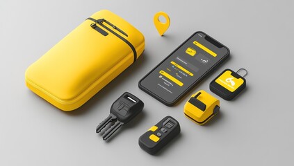 Aufkleber - A collection of yellow tech accessories and a smartphone featuring a tracking app.