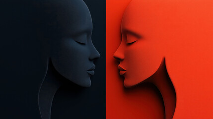 Wall Mural - abstract illustration of two face silhouettes facing each other, one in dark blue and the other in v