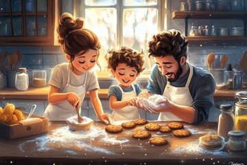 Wall Mural - A family baking cookies together in a cozy kitchen, with flour and ingredients scattered around.