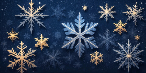 Wall Mural - magical white and gold snowflakes over glitter blue dark background