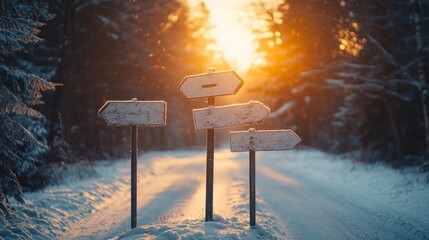 Wall Mural - Blank wooden signs on snowy road at sunset.