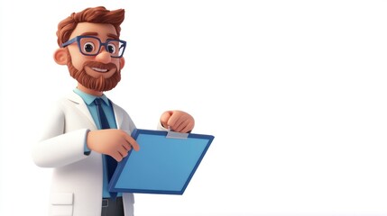 Poster - A cheerful cartoon scientist holding a clipboard, ready to present information.