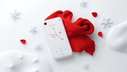 Aufkleber - A smartphone on a snowy surface with a red scarf and decorative snowflakes.