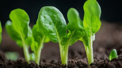 Wall Mural - Young lettuce plants emerging from rich dark soil in garden