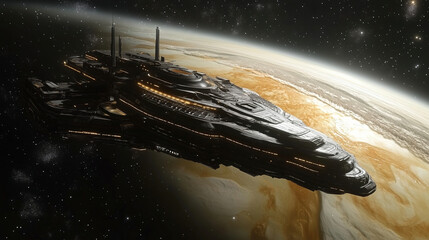 Wall Mural - spaceship traveling near jupiter in a futuristic sci-fi setting during deep space exploration. gener
