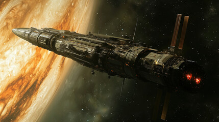 Wall Mural - exploring a futuristic spaceship near a massive gas giant in distant space at twilight. generative a