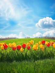 Poster - A vibrant display of red and yellow flowers brightens up a green meadow beneath a clear blue sky scattered with soft clouds. Generative AI
