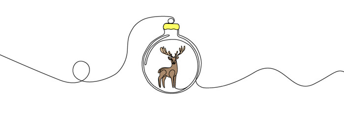 Fototapete - Christmas ball one line icon. Simple one continuous line drawing of christmas bauble with christmas deer inside isolated on white background.Holiday christmas decoration