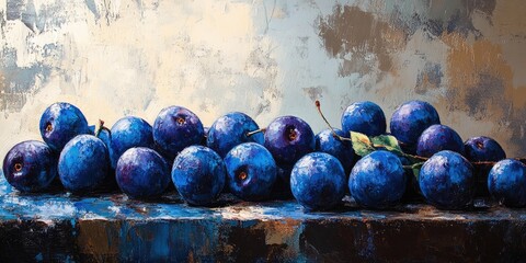 Vibrant blue organic plums create a captivating rustic still life, highlighting the beauty and freshness of juicy plums in an artistic arrangement filled with rich colors and textures.