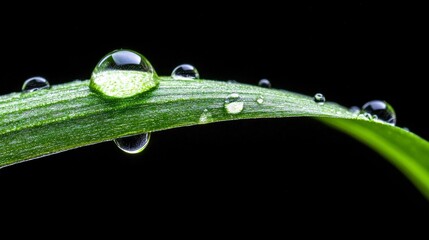 Wall Mural - Close-up of water droplets on a green leaf against a dark background