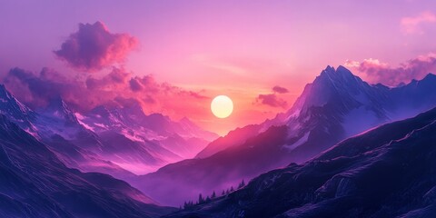 Wall Mural - Stunning mountains illuminated by a mesmerizing sunset create a breathtaking landscape. The beautiful mountains and their vibrant sunset hues offer a serene and captivating view of nature.