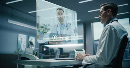 Aufkleber - In a Medical Facility, a Physician Conducts a Holographic Consultation With a Patient. Physician Discusses Medical Exam Test Results via Heads-up Display with Professional Colleague