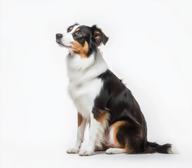 Wall Mural - beautiful black, white, and tan dog sitting gracefully, showcasing its elegant posture and expressive gaze. This captures dog calm demeanor and striking features