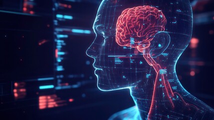 A digital rendering of a human head with a visible brain, against a background of binary code.