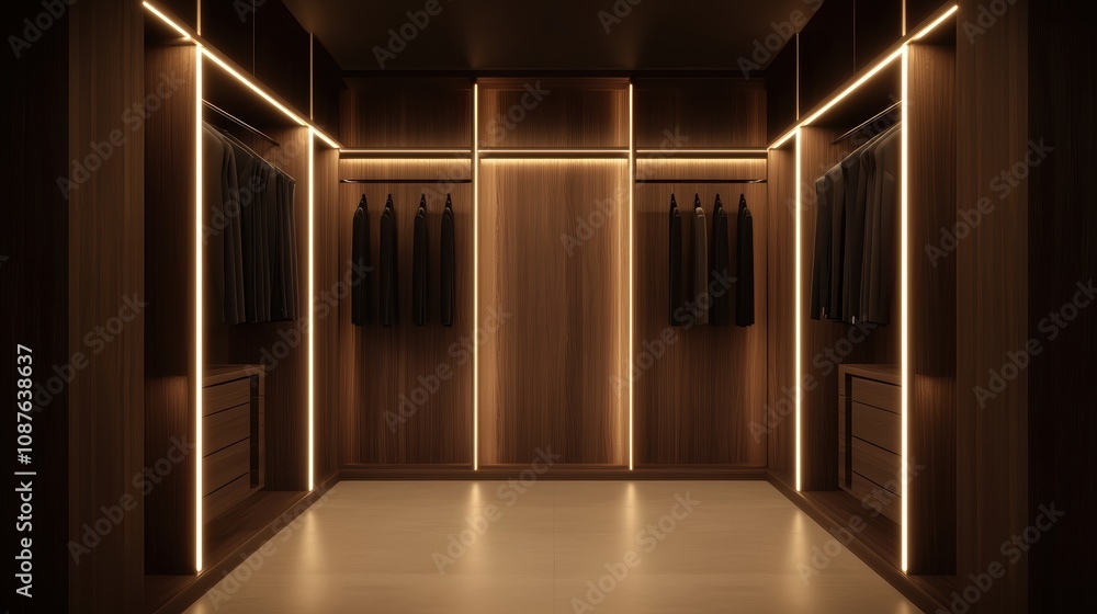 Design an empty walkin closet interior with dark wooden panels, a ...