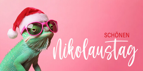Wall Mural - schönen nikolaustag grußkarte mit deutschem text - cooles chamäleon reptil haustier mit nikolausmütz