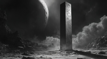mysterious monolith standing alone on a desolate alien landscape under a large celestial body in a m