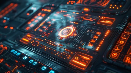 Poster - A futuristic control panel with holographic buttons and glowing symbols, floating above a sleek metallic surface.