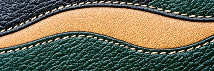 Sticker - Elegant black leather texture with contrasting beige and green minimalist accents showcasing detailed stitching