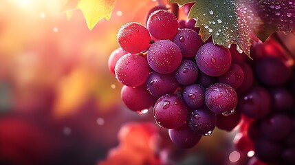Poster - Fresh Dewy Grapes with Sunlight and Autumn Leaves in a Romantic Vineyard Setting : Generative AI
