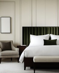 Wall Mural - Modern Minimalist Bedroom Design with Green Velvet Headboard and Neutral Decor : Generative AI