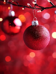 Aufkleber - Close Up of Sparkling Red Christmas Ornament with Fairy Lights on Red Background : Generative AI