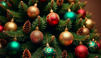 Wall Mural - Christmas tree closeup background with fir branches, baubles and cones